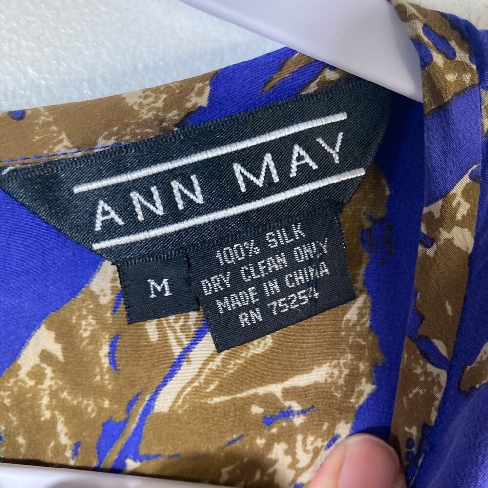 Womens Vintage Ann May Silk Blouse Leaf Pattern Blue Brown M‎ Silk - Picture 7 of 10